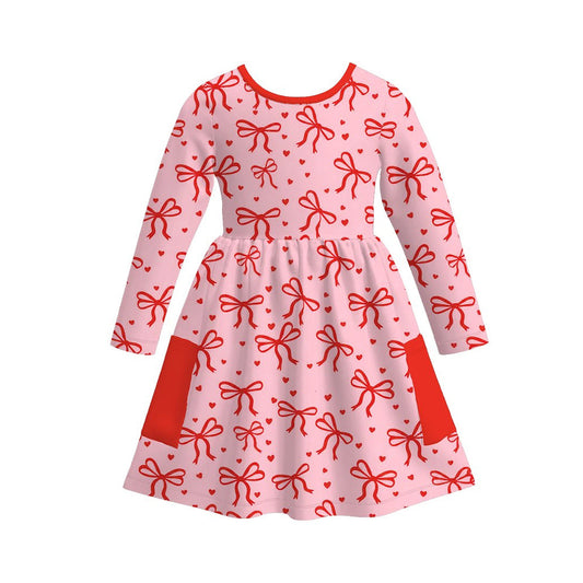( Moq 5 ) Preorder Baby Girls Long Sleeves Hearts Bows Pockets Valentines Knee Length Dress