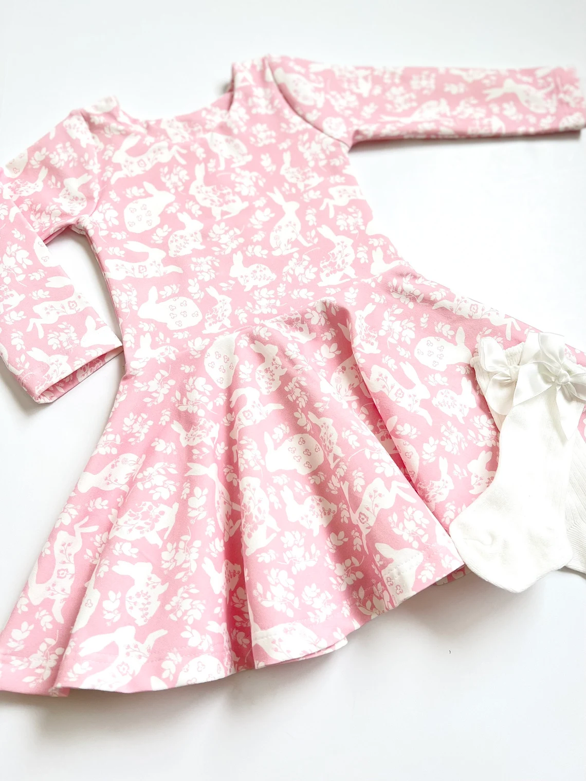 ( Moq 5 ) Preorder Baby Girls Long Sleeves Floral Rabbits Easter Knee Length Dress