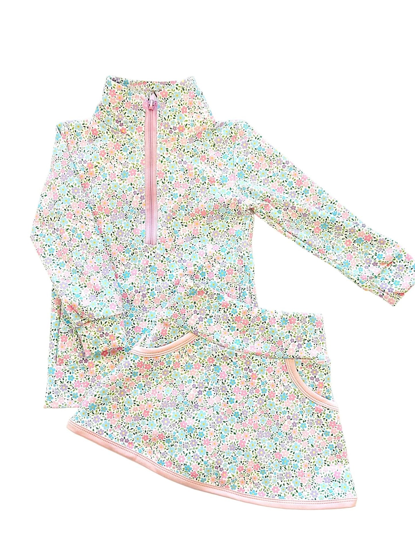 ( Moq 5 ) Preorder Baby Girls Long Sleeves Floral Pockets Zipper Pullover Skirt Shorts Clothes Set