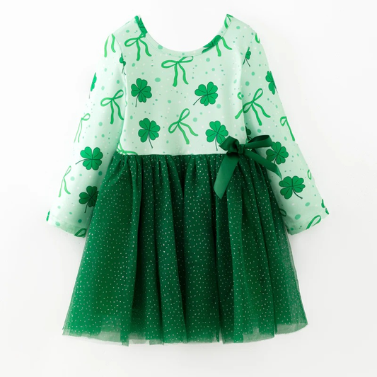 ( Moq 5 ) Preorder Baby Girls Long Sleeves Bows Clovers St Patrick Green Tulle Dress
