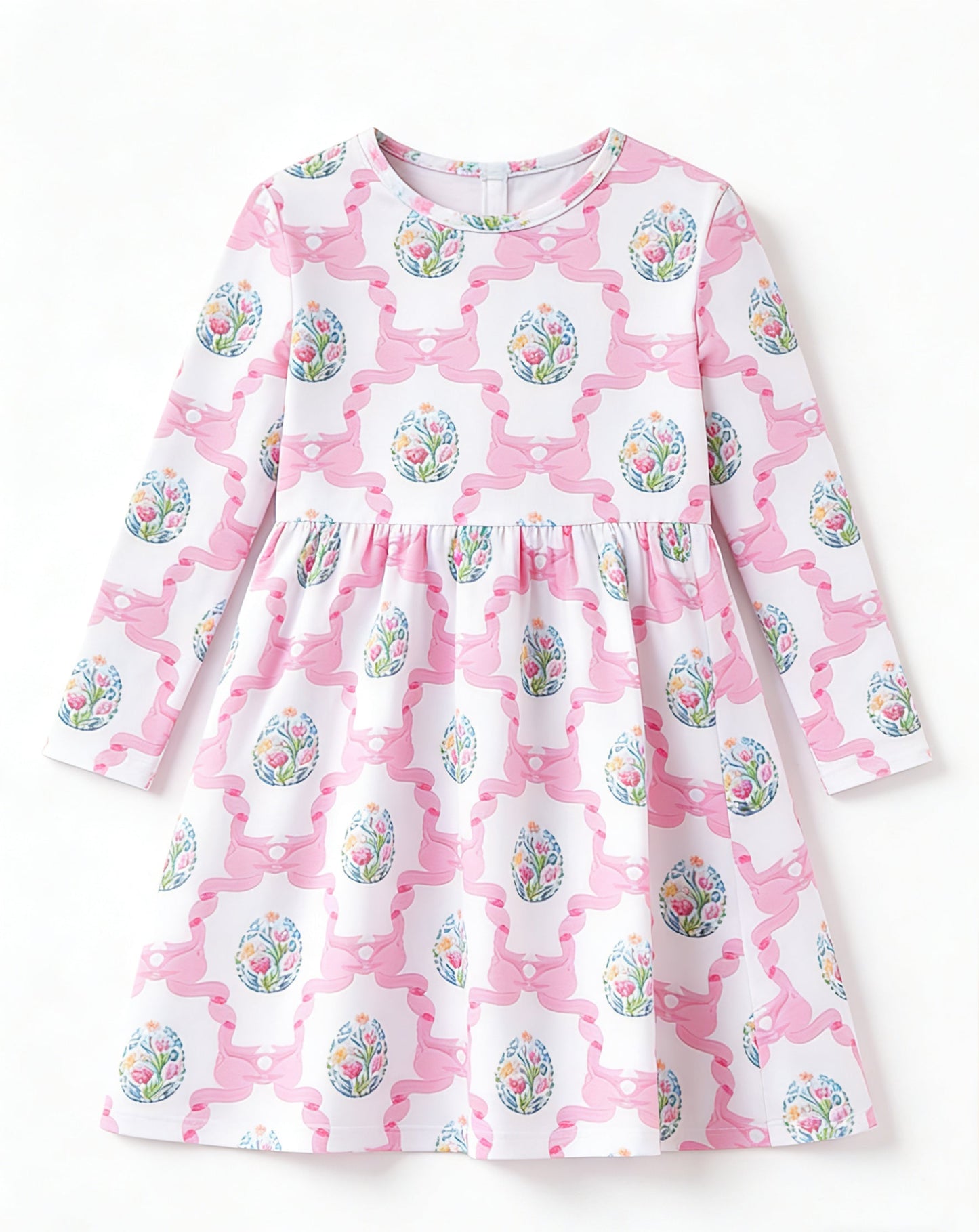 ( Moq 5 ) Preorder Baby Girls Kids Long Sleeves Flower Eggs Bows Easter Knee Length Dress