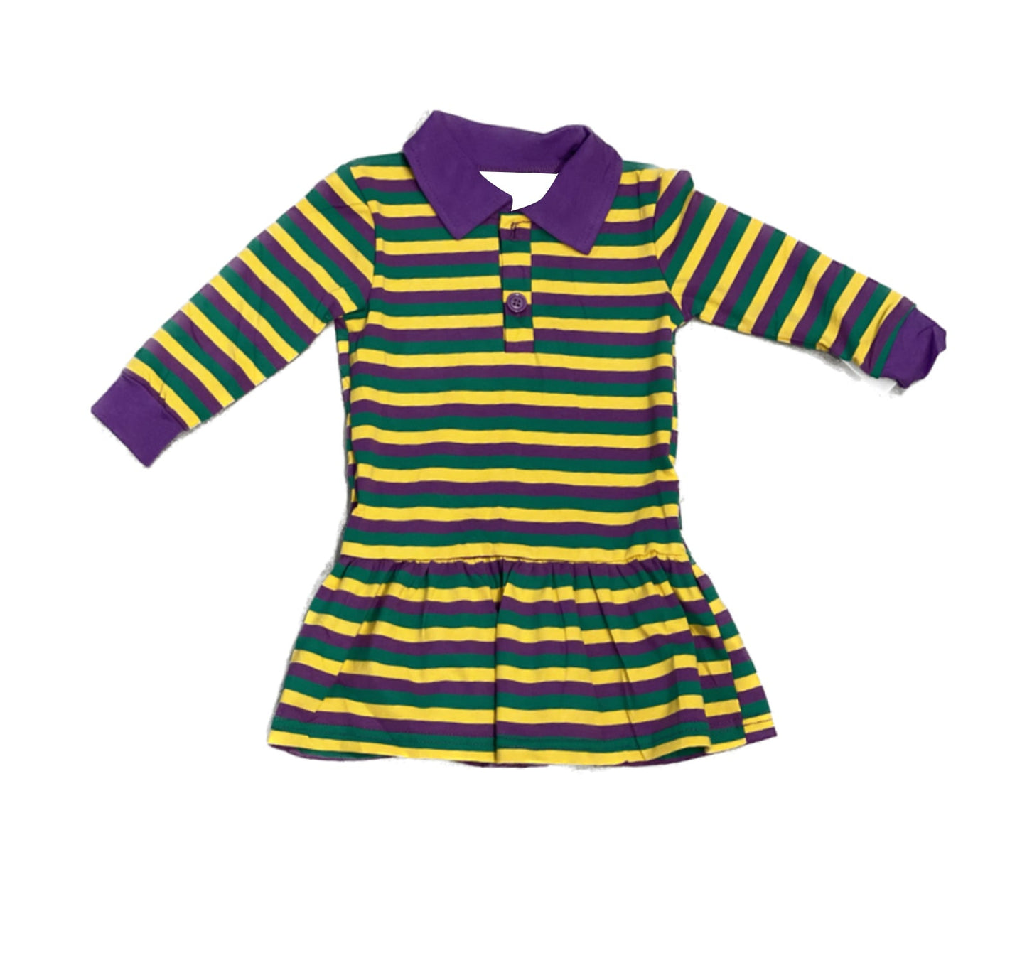 ( Moq 5 ) Preorder Baby Girls Long Sleeves Stripes Buttons Mardi Gras Knee Length Dress
