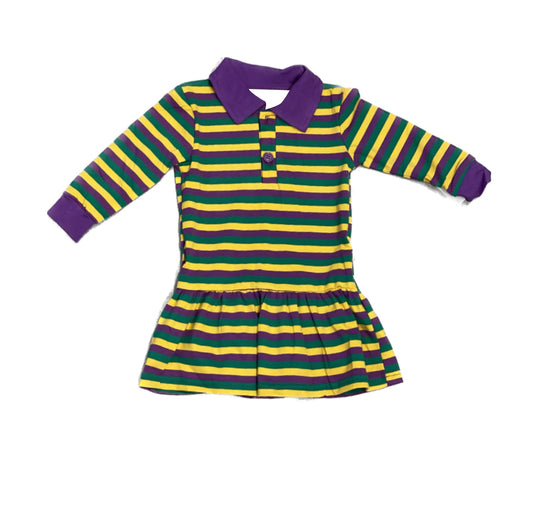 ( Moq 5 ) Preorder Baby Girls Long Sleeves Stripes Buttons Mardi Gras Knee Length Dress
