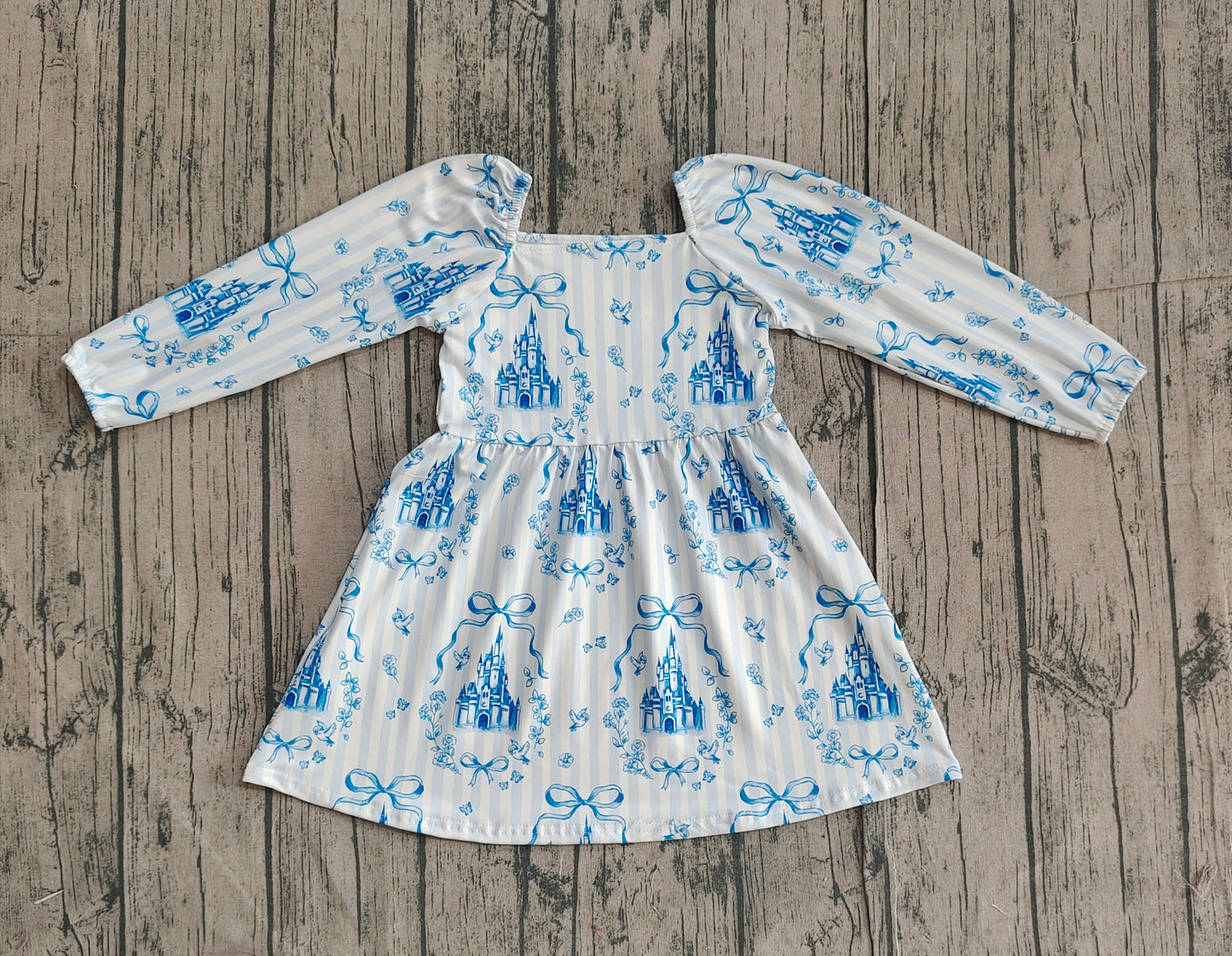 Baby Girls Kids Long Sleeves Castles Blue Bows Stripes Knee Length Dress RTS