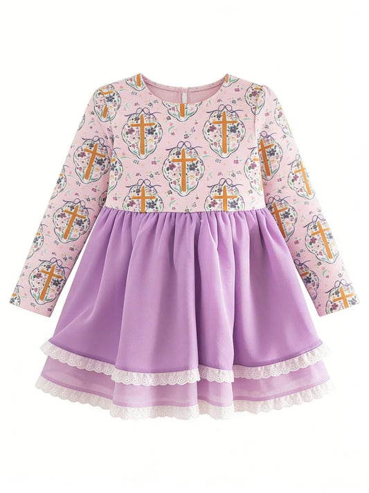( Moq 5 ) Preorder Baby Girls Long Sleeves Floral Crosses Bows Easter Purple Knee Length Dress