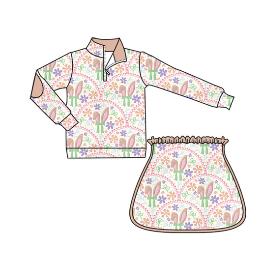 ( Moq 5 ) Preorder Baby Girls Long Sleeves Rabbits Flowers Bows Eggs Zipper Tops Skirt Shorts Easter Yoga Set