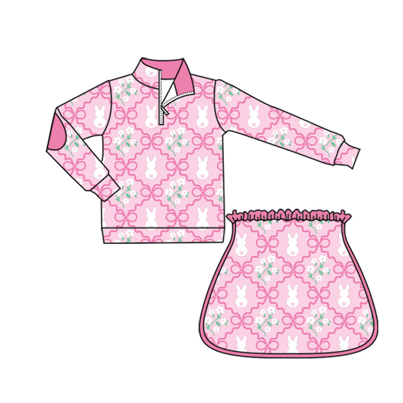 ( Moq 5 ) Preorder Baby Girls Long Sleeves Flower Rabbits Bows Zipper Tops Skirt Shorts Easter Yoga Pink Set