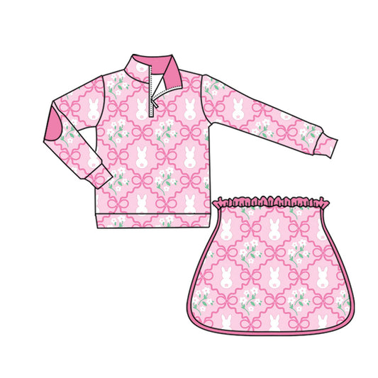 ( Moq 5 ) Preorder Baby Girls Long Sleeves Flower Rabbits Bows Zipper Tops Skirt Shorts Easter Yoga Pink Set