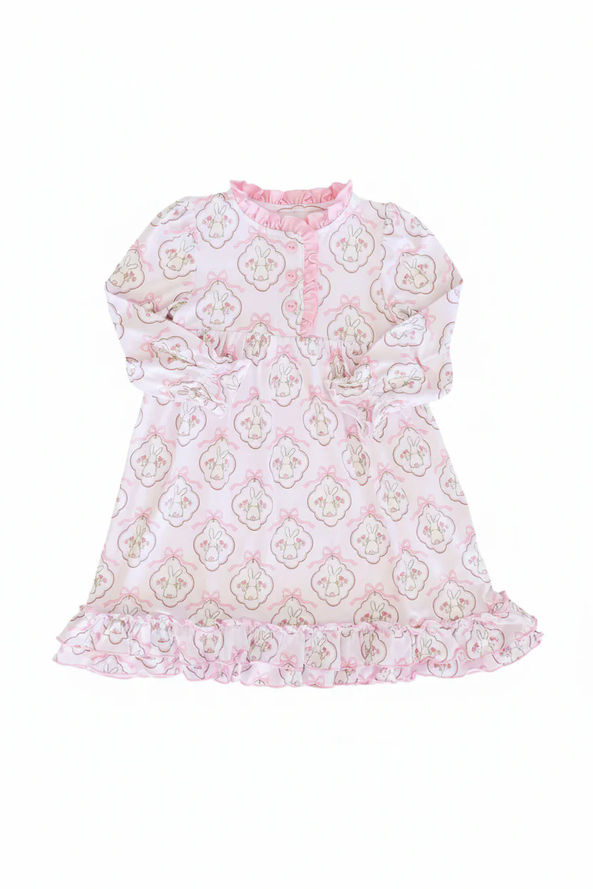 ( Moq 5 ) Preorder Baby Girls Kids Long Sleeves Rabbits Bows Floral Buttons Easter Ruffle Pink Gown Dress