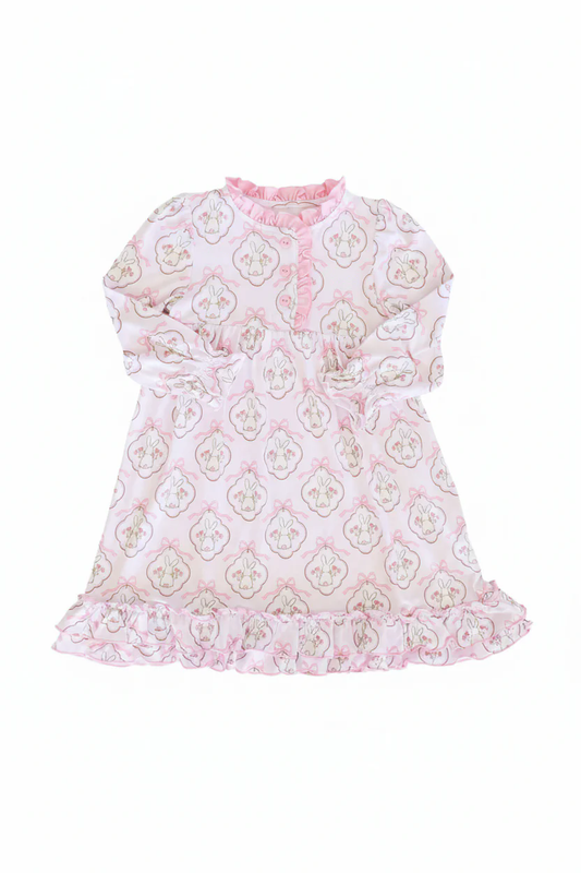 ( Moq 5 ) Preorder Baby Girls Kids Long Sleeves Rabbits Bows Floral Buttons Easter Ruffle Pink Gown Dress