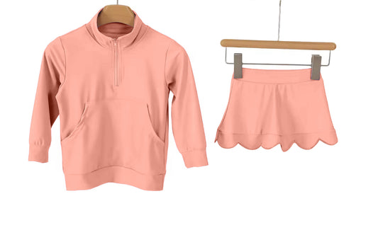 ( Moq 5 ) Preorder Baby Girls Long Sleeves Peach Zipper Pocket Tops Skirt Shorts Yoga Set