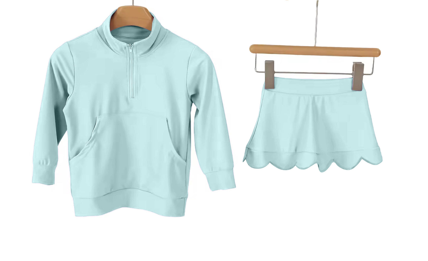 ( Moq 5 ) Preorder Baby Girls Long Sleeves Blue Zipper Pocket Tops Skirt Shorts Yoga Set