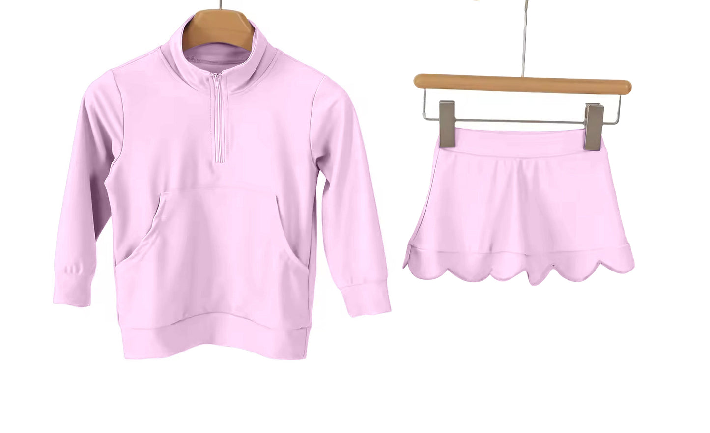 ( Moq 5 ) Preorder Baby Girls Long Sleeves Pink Zipper Pocket Tops Skirt Shorts Yoga Set