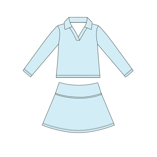 ( Moq 5 ) Preorder Baby Girls Kids Long Sleeves Light Blue Shirt Skirt Shorts Yoga Active Set Clothes