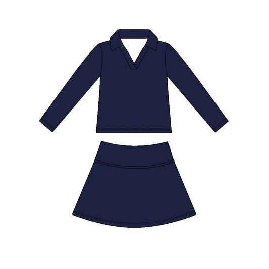 ( Moq 5 ) Preorder Baby Girls Kids Long Sleeves Navy Shirt Skirt Shorts Yoga Active Set Clothes