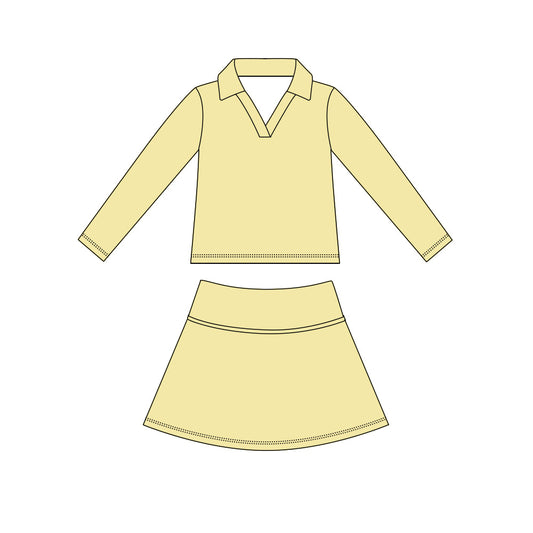 ( Moq 5 ) Preorder Baby Girls Kids Long Sleeves Yellow Shirt Skirt Shorts Yoga Active Set Clothes