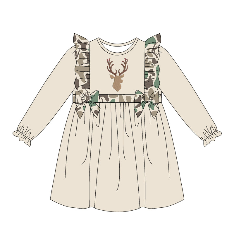 ( Moq 5 ) Preorder Baby Girls Toddler Long Sleeves Camo Ruffle Deer Knee Length Dress