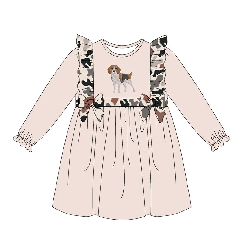 ( Moq 5 ) Preorder Baby Girls Toddler Long Sleeves Dog Camo Ruffle Knee Length Dress