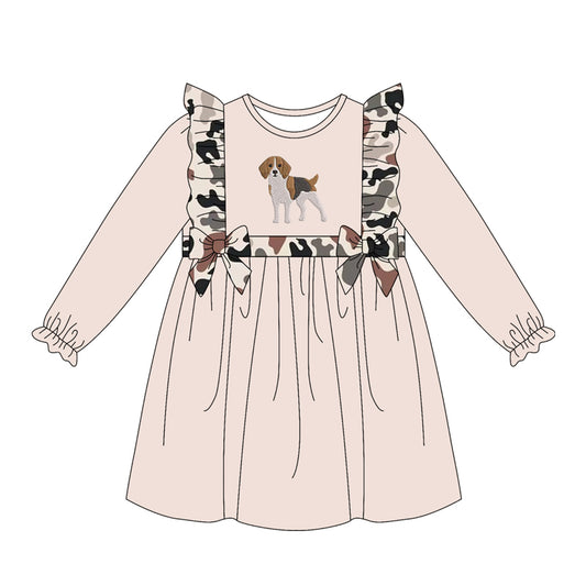( Moq 5 ) Preorder Baby Girls Toddler Long Sleeves Dog Camo Ruffle Knee Length Dress