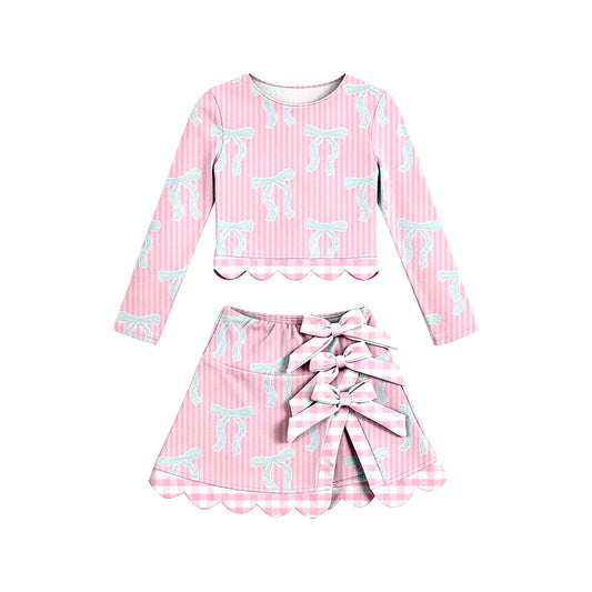 ( Moq 5 ) Preorder Baby Girls Stripes Bows Scallop Tops Skirt Shorts Set Yoga Active Pink Clothes