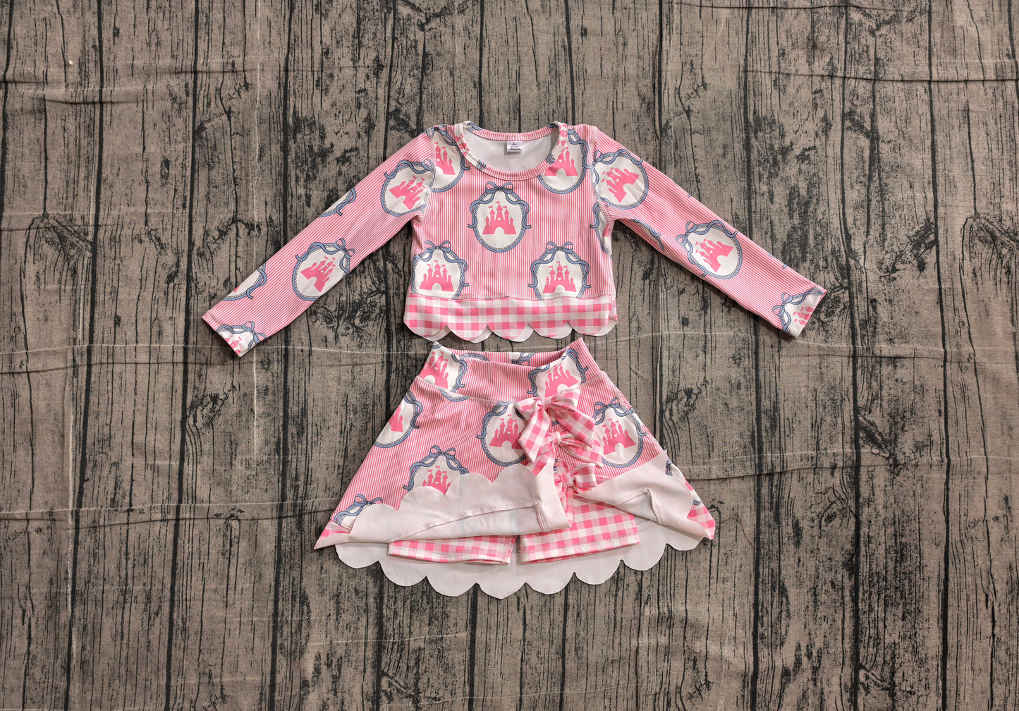 ( No moq ) Preorder Baby Girls Stripes Castles Scallop Tops Bows Skirt Shorts Set Yoga Active Pink Clothes