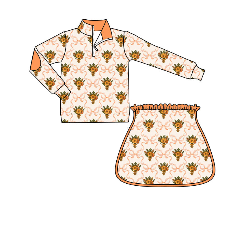 ( Moq 5 ) Preorder Baby Girls Kids Flower Bows Zipper Shirt Skirt Shorts Set Fall Clothes