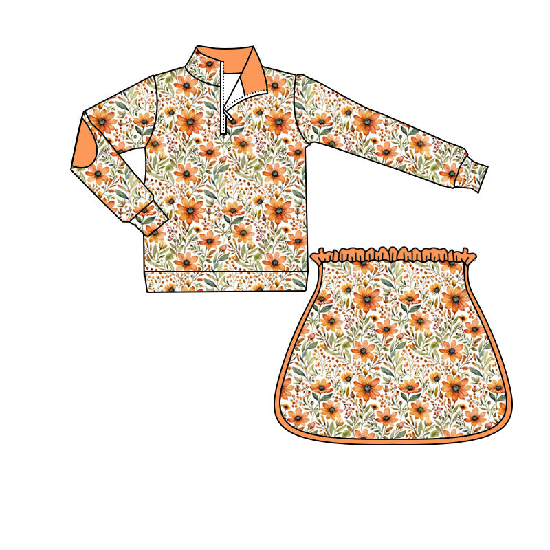 ( Moq 5 ) Preorder Baby Girls Kids Long Sleeve Flower Zipper Shirt Skirt Shorts Set Fall Clothes