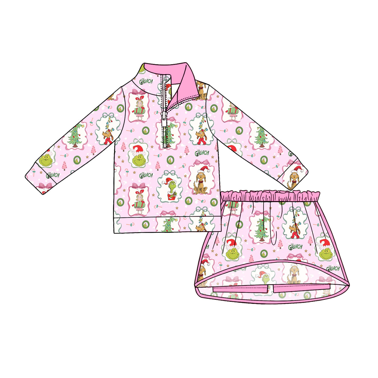 ( Moq 5 ) Preorder Baby Girls Kids Christmas Bows Face Zipper Pullover Skirt Shorts Pink Set Clothes