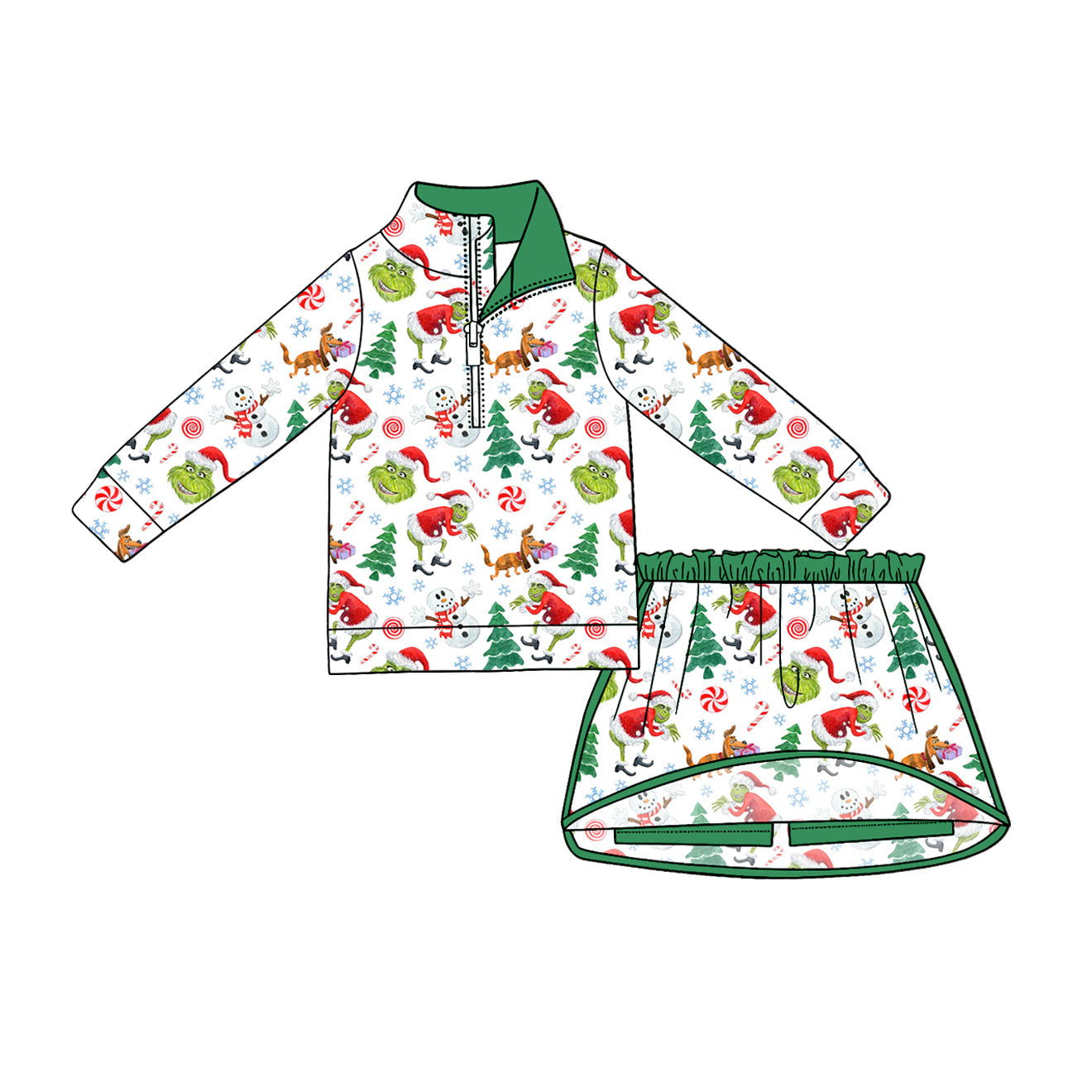 ( Moq 5 ) Preorder Baby Girls Kids Christmas Green Face Zipper Pullover Skirt Shorts Set Clothes
