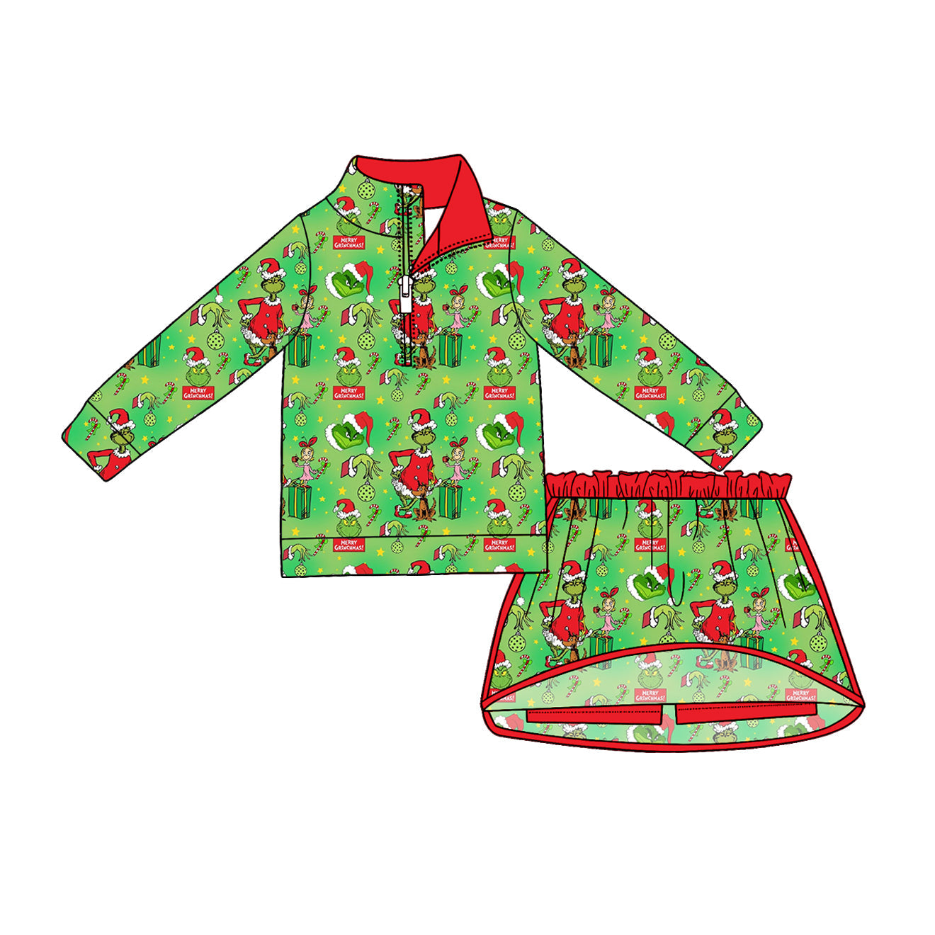 ( Moq 5 ) Preorder Baby Girls Kids Christmas Face Zipper Pullover Skirt Shorts Green Set Clothes