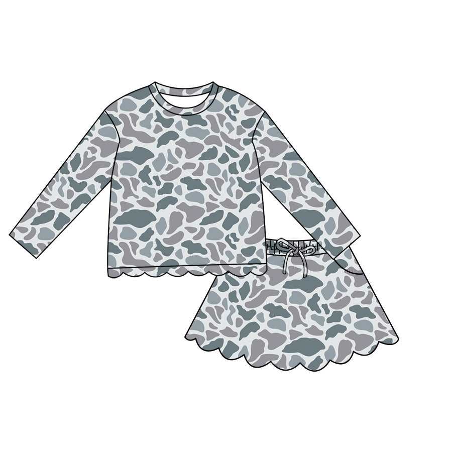 ( Moq 5 ) Preorder Baby Girls Kids Long Sleeves Shirt Scallop Pockets Skirt Shorts Grey Camo Set Clothes