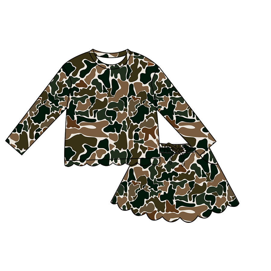( Moq 5 ) Preorder Baby Girls Kids Long Sleeves Shirt Scallop Pockets Skirt Shorts Brown Camo Set Clothes