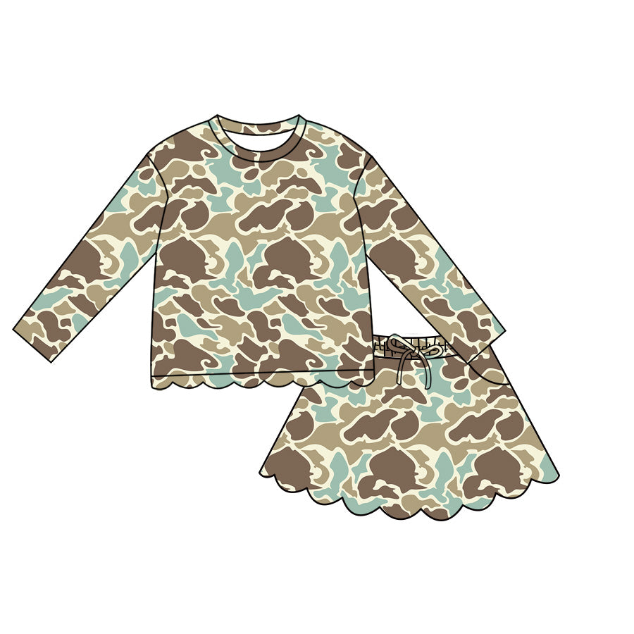 ( Moq 5 ) Preorder Baby Girls Kids Camo Long Sleeves Shirt Scallop Pockets Skirt Shorts Set Clothes