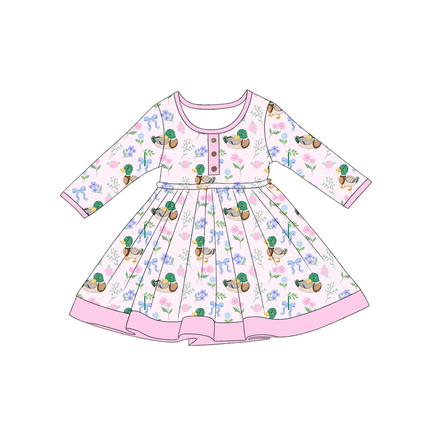 ( Moq 5 ) Preorder Baby Girls Kids Ducks Flower Bows Knee Length Dress Pink Clothes