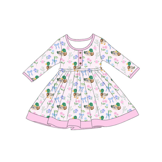 ( Moq 5 ) Preorder Baby Girls Kids Ducks Flower Bows Knee Length Dress Pink Clothes