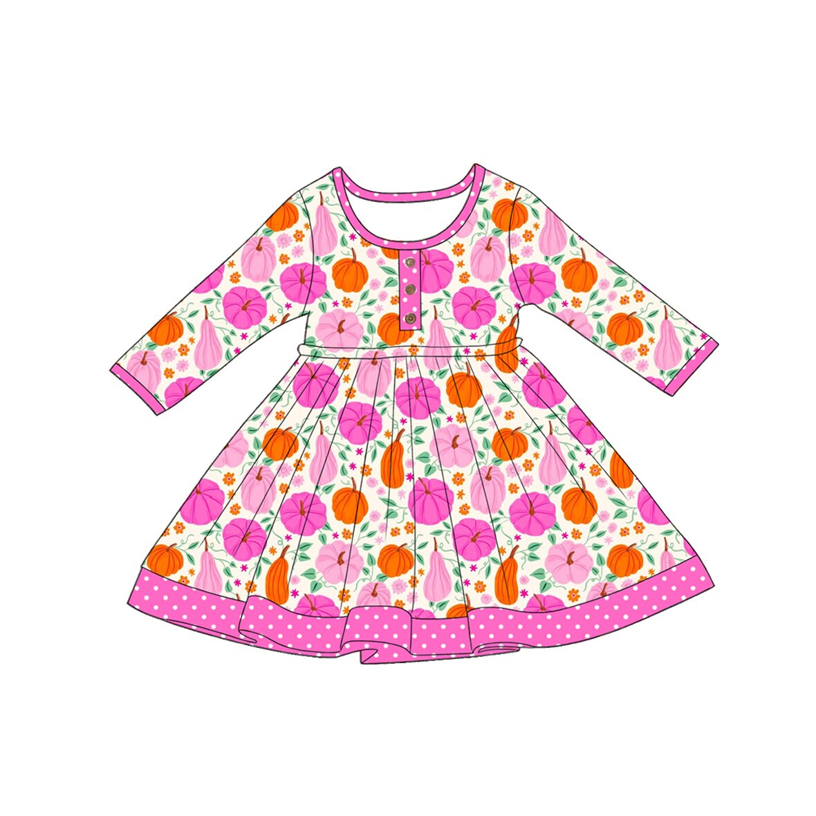 ( Moq 5 ) Preorder Baby Girls Kids Flower Pumpkins Pink Ruffle Knee Length Dress Fall Clothes