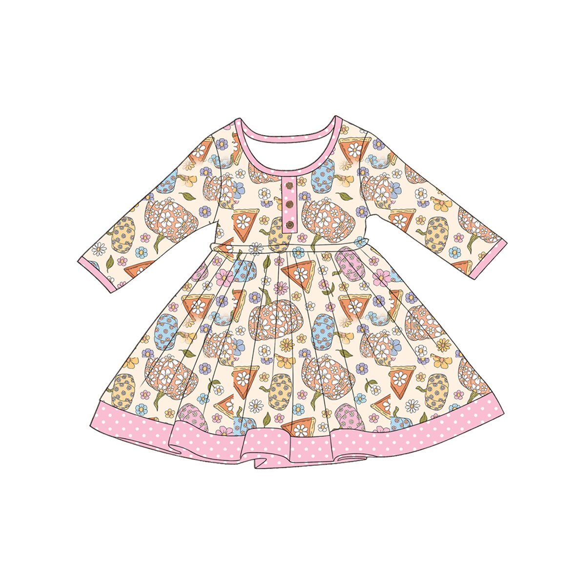 ( Moq 5 ) Preorder Baby Girls Kids Flower Pumpkins Knee Length Buttons Dress Fall Clothes