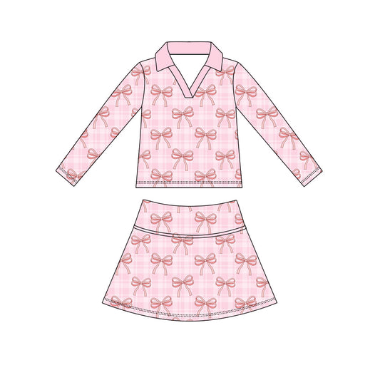 ( Moq 5 ) Preorder Baby Girls Kids Bows Pink Plaid Shirt Skirt Shorts Yoga Active Set Clothes