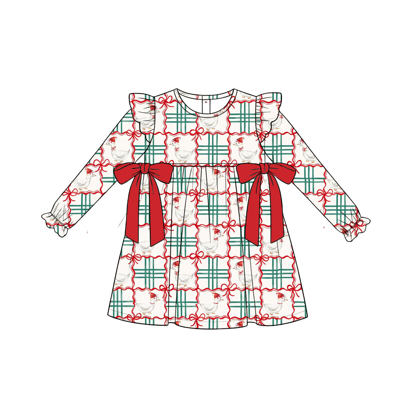 ( Moq 5 ) Preorder Baby Girls Long Sleeves Goose Bows Plaid Christmas Knee Length Dress