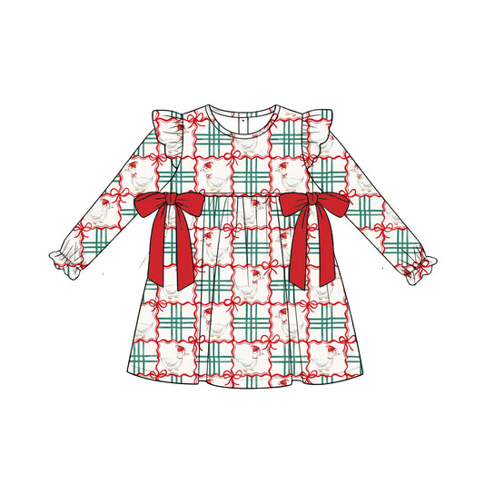 ( Moq 5 ) Preorder Baby Girls Long Sleeves Goose Bows Plaid Christmas Knee Length Dress