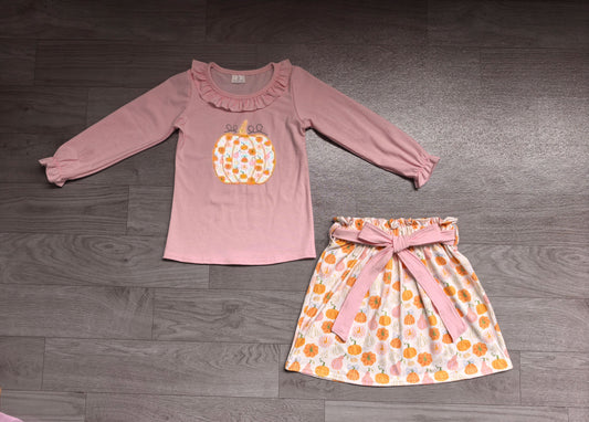 ( No moq ) Preorder Baby Girls Kids Embroidery Pink Tops Pumpkins Bows Skirt Fall Set Clothes