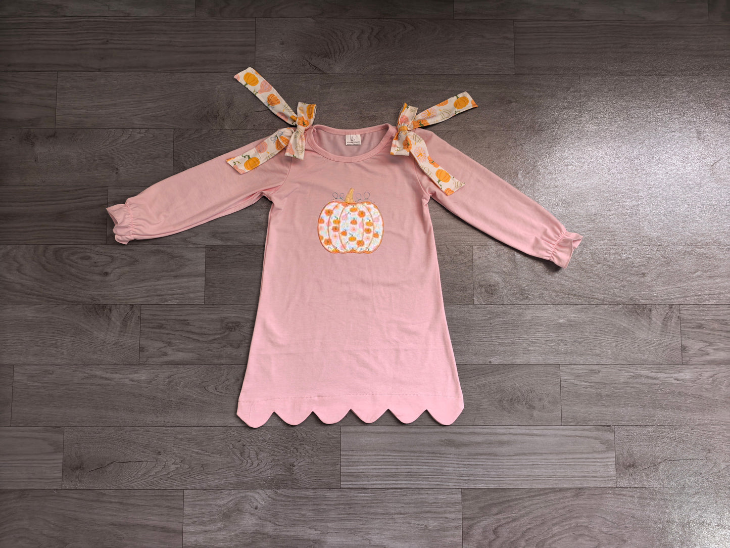 ( No moq ) Preorder Baby Girls Kids Embroidery Pumpkins Bows Knee Length Pink Dress Fall Clothes