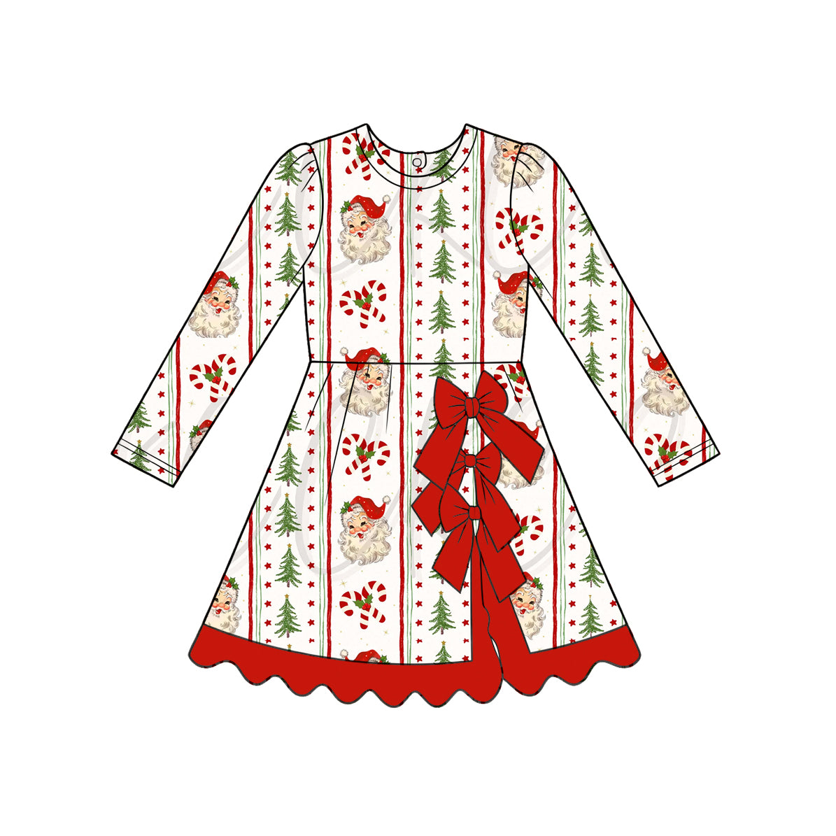 ( Moq 5 ) Preorder Baby Girls Kids Long Sleeves Christmas Santa Bows Scallop Dress Yoga Active Clothes