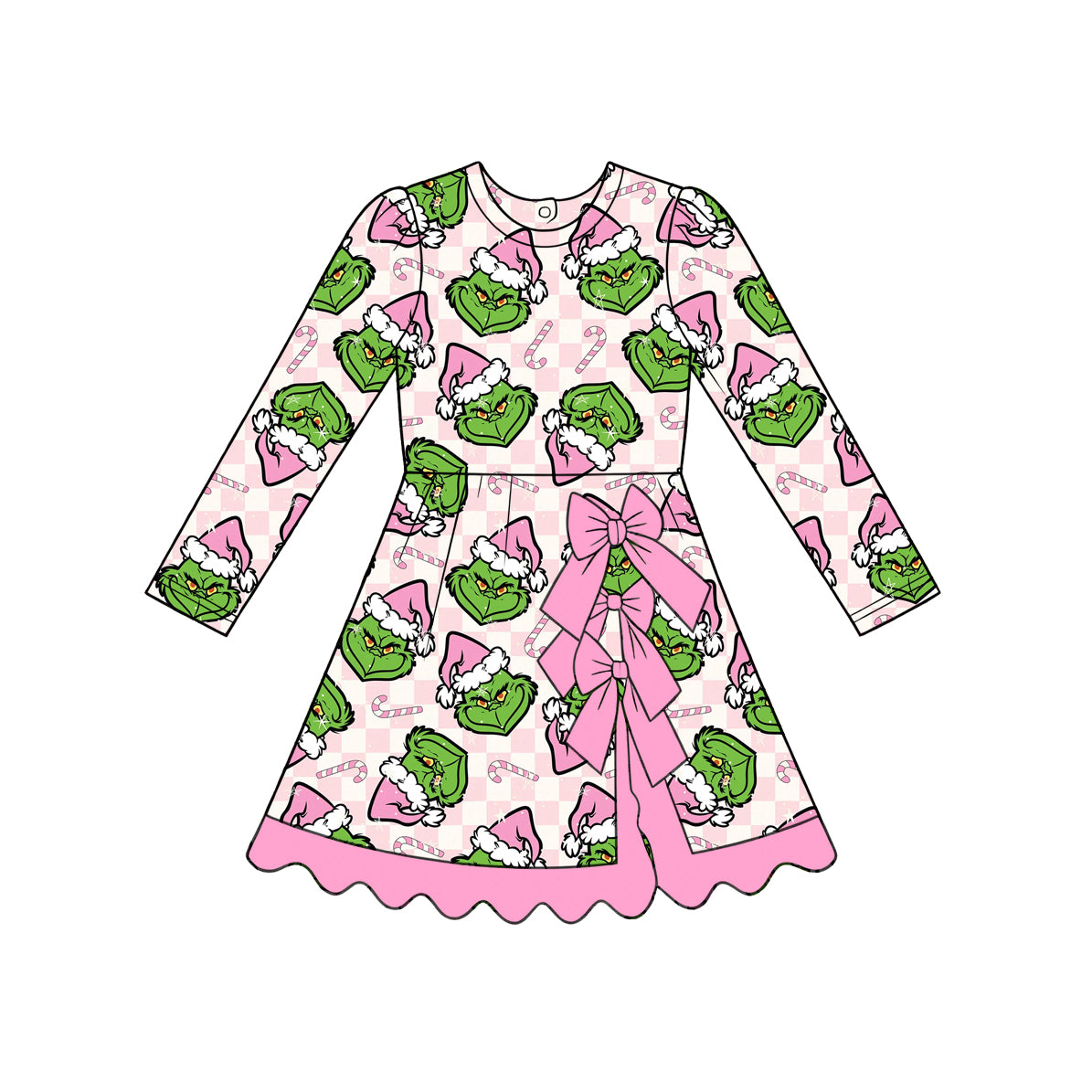( Moq 5 ) Preorder Baby Girls Kids Long Sleeves Christmas Green Face Bows Scallop Dress Yoga Active Clothes