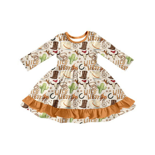 ( Moq 5 ) Preorder Baby Girls Toddler Western Cow Cactus Knee Length Dress Clothes
