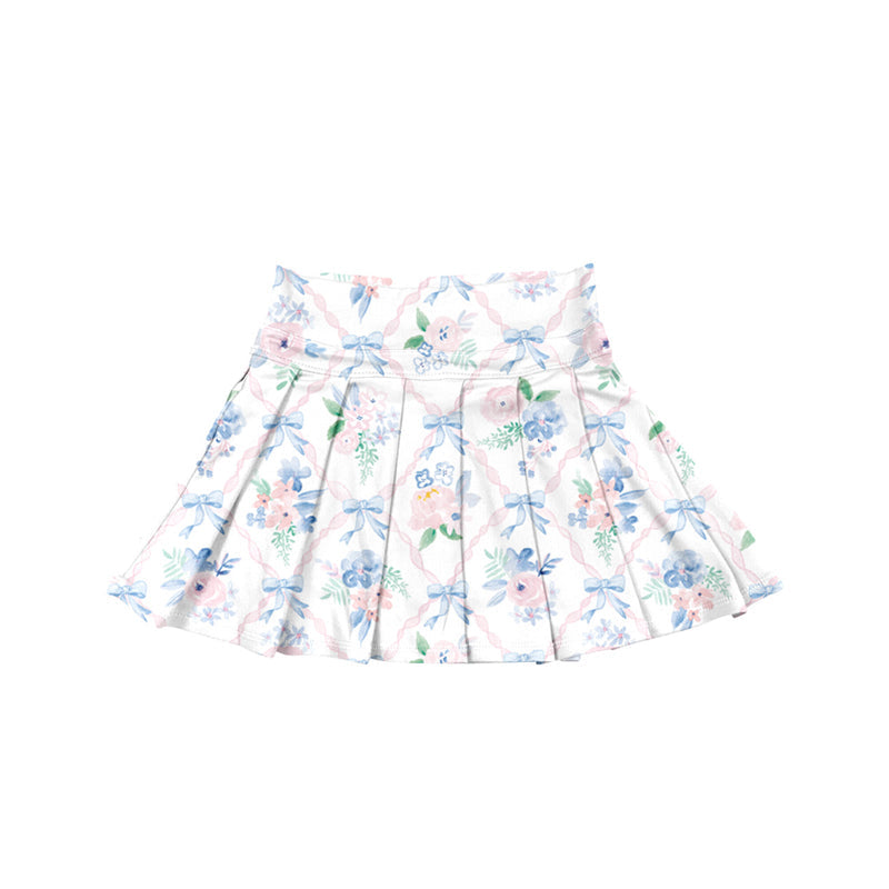 ( Moq 5 ) Preorder Baby Girl Flower Blue Bows Summer Yoga Active Skirts Shorts Skorts Bottom