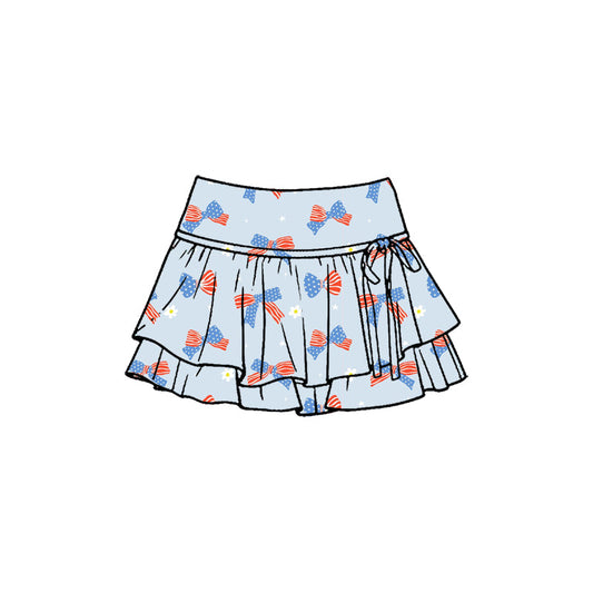 ( Moq 5 ) Preorder Baby Girls Kids Bows Flower 4th of July Blue Yoga Shorts Ruffle Skirt
