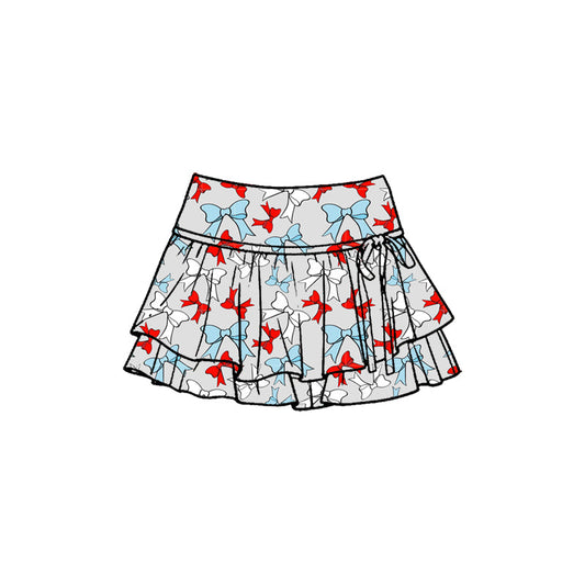 ( Moq 5 ) Preorder Baby Girls Kids Red Blue Bows 4th of July Yoga Shorts Ruffle Skirt