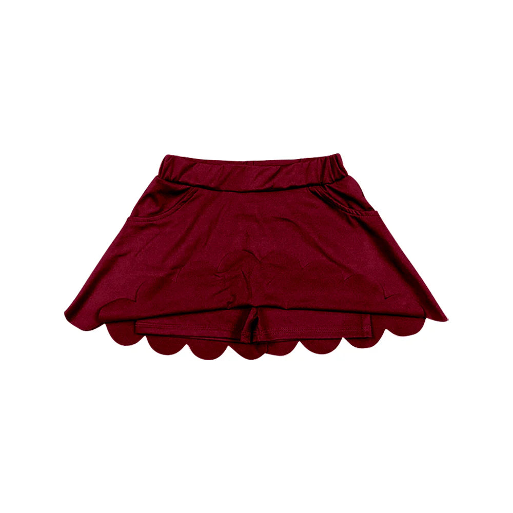 ( Moq 5 ) Preorder Baby Girls Kids Dark Red Scallop Skirt Shorts Yoga Bottom Pockets Clothes