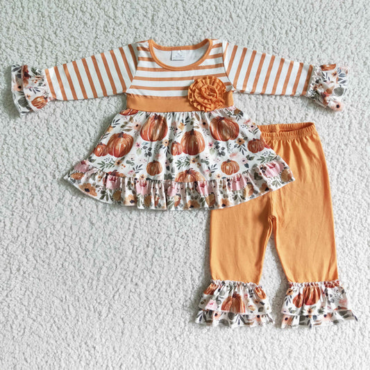 Promotion Girls Kids Pumpkins Flower Tunic Ruffle Pants Thanksgiving Fall Outfit RTS